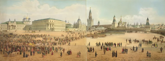 Der Nikolaievsky-Palast und die St. Basilius-Kathedrale vom Kreml aus gesehen, aus einem Panorama von Moskau, graviert von Philippe Benoist (1813-ca.1905) und Aubrun, veröffentlicht von Lemercier, um 1840